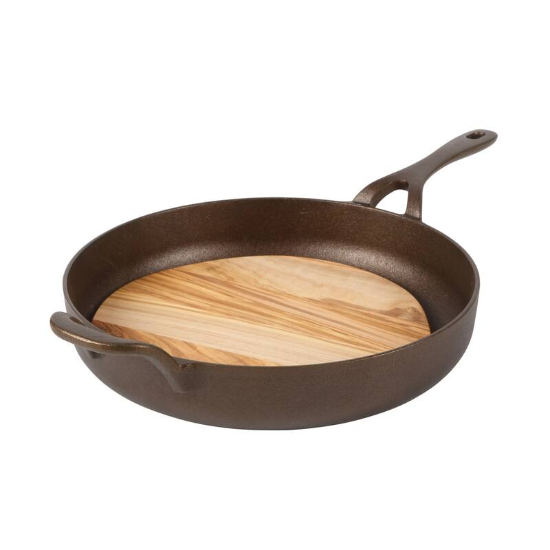 Bloomhouse Natural Bronze Finish Pre-seasoned Cast Iron Grill, Everyday Pan, Skillet & Olive Wood Trivet