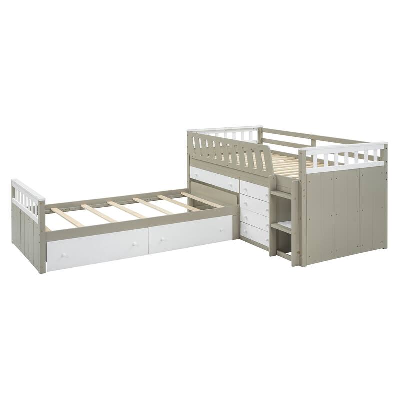 L-shaped Space-Saving Twin Loft and Twin Platform Bed with 7 Drawers and Full Guardrails