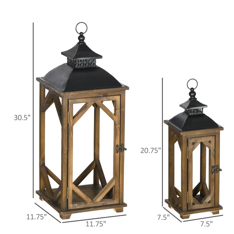 2-Piece Rustic Wooden House Shape Decorative Lantern with Metal Top for Home Decor - 11.75" L x 11.75" W x 30.5" H