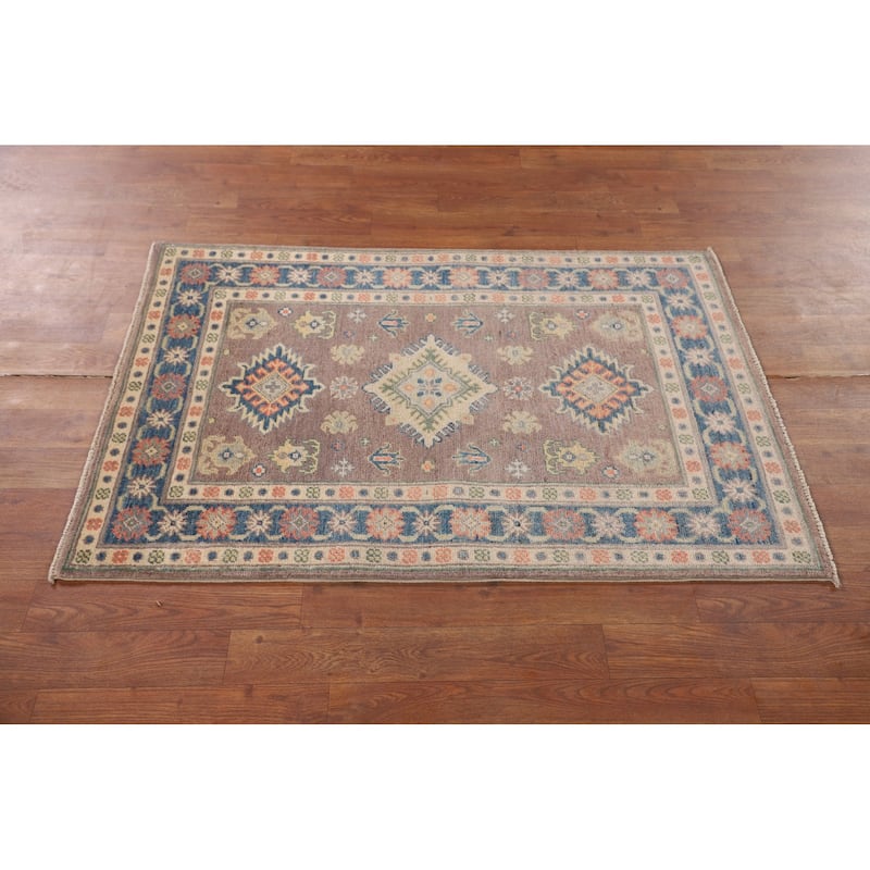 Kazak Foyer Rug Hand-Knotted Geometric Brown Wool Carpet - 2'7" x 3'11"
