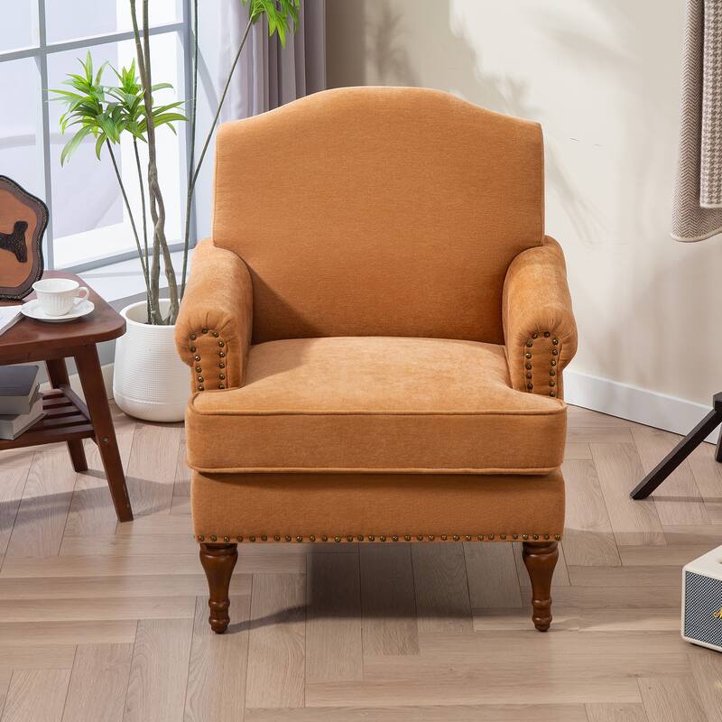 Accent Chair for Living Room Bedroom, Fabric Upholstered Armchair w/ Wood Legs, Nailhead Trim Comfy Single Sofa Side Chair - Brown