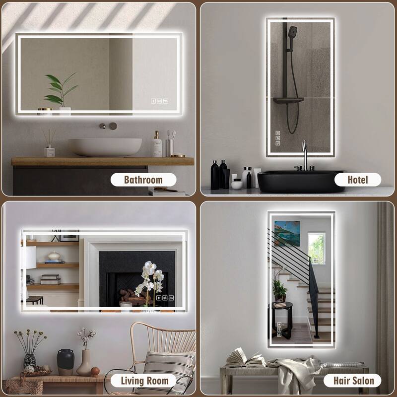 Anti-Fog LED Bathroom Mirror - Modern Straight-Edged, 3 Color Dimmable, Wall Mount - Silver