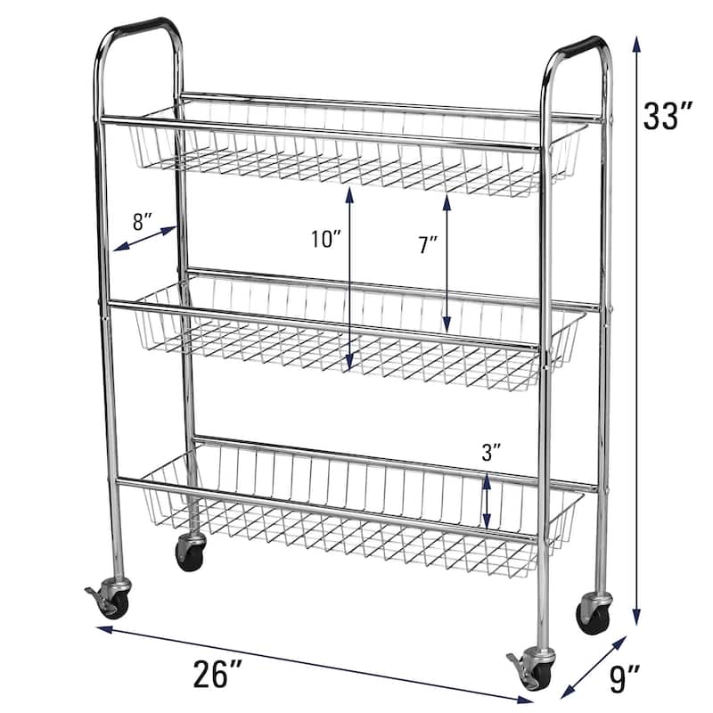 Household Essentials 3-Tier Slim Storage Cart - 26.0"L x 9.0"W x 33.0"H