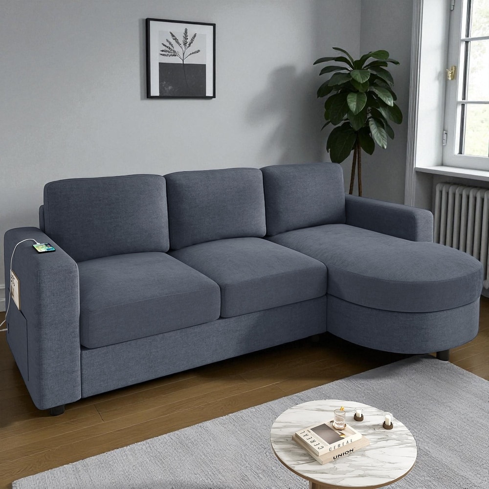 84.6" Modern L-Shaped Sectional Sofa with Curved Chaise Lounge, USB Ports and Storage Pockets, Chenille Couch for Living Room