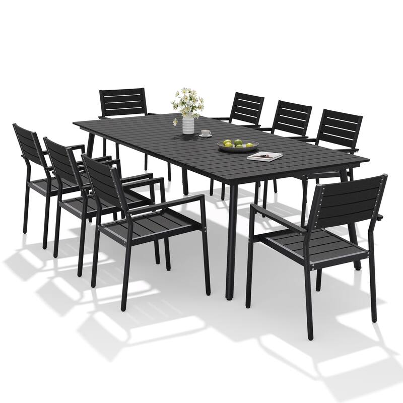 9-Piece Outdoor Patio Dining Set Wood-Like Table Top Alumium Umbrella Hole Table with Stackable Armrest Dining Chairs