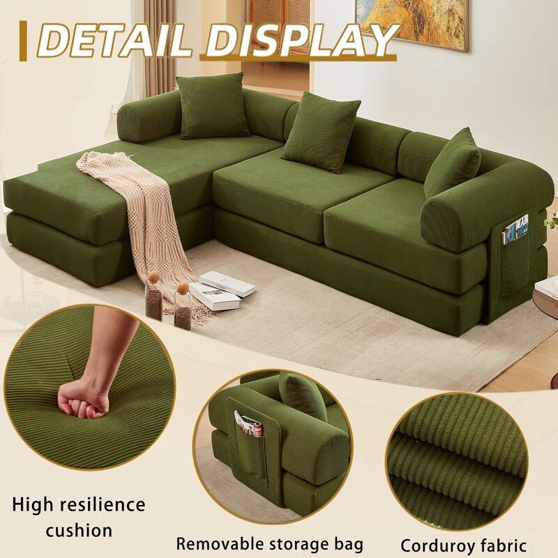 107'' L-Shaped 7-in-1 Corduroy Modular Sectional Sofa Bed, 4-Seat, Green