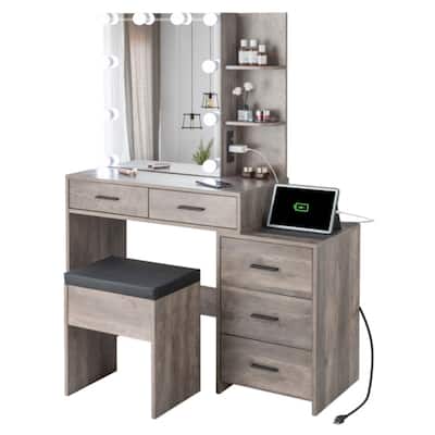 Modern Grey Vanity Set with Adjustable Lighting Ample Storage and USB Ports - (43.3 x 15.7 x 55.1)"