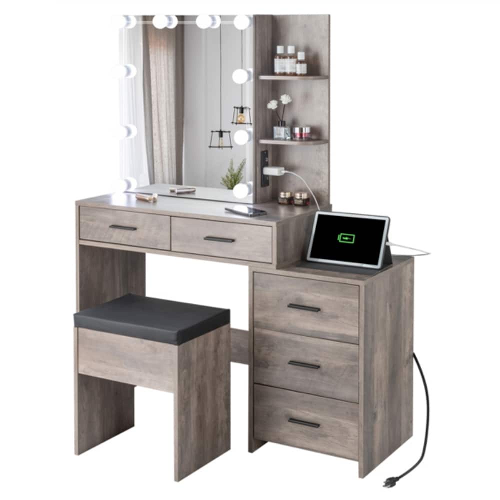 Modern Grey Vanity Set with Adjustable Lighting Ample Storage and USB Ports - (43.3 x 15.7 x 55.1)"