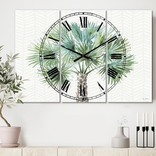 Designart 'Mixed Botanical Greens palms III' Cottage 3 Panels Oversized Wall CLock - 36 in. wide x 28 in. high - 3 panels