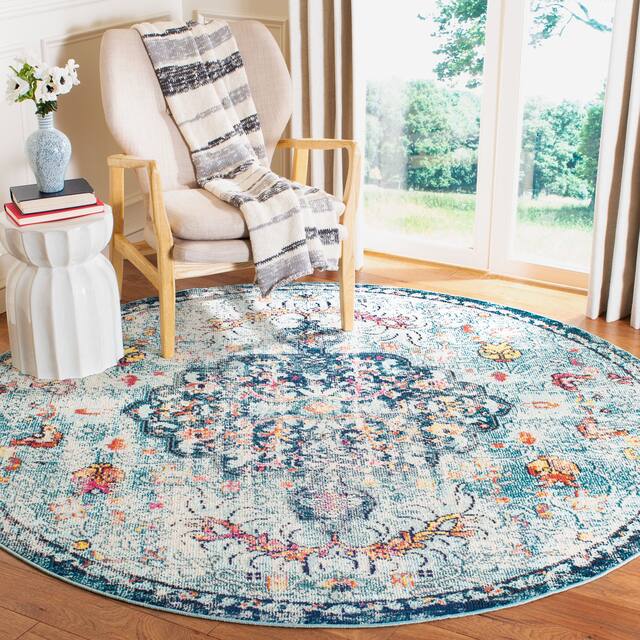 SAFAVIEH Madison Sabire Boho Medallion Distressed Rug - 9' x 9' Round - Navy/Light Blue