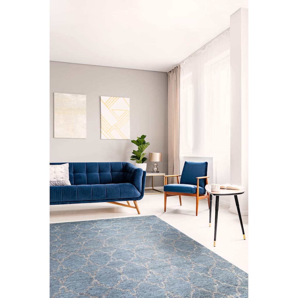 Home Decor Hand-Knotted Wool Blue/Silver Contemporary Tiled Agra Rug Luxurious & Stylish Area Rug for Adding Modern Elegance