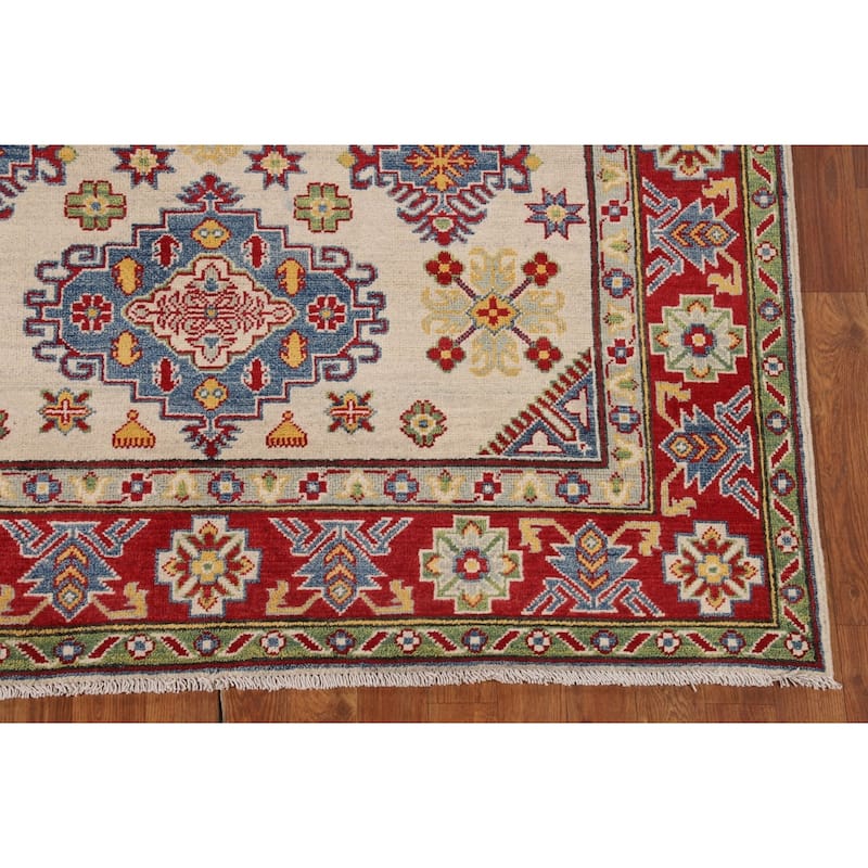 Beige Geometric Kazak Oriental Area Rug Hand-Knotted Wool Carpet - 5'1" x 6'6"