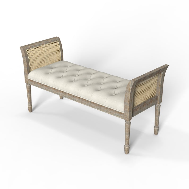 Dilwen Wooden Tufted Upholstered Bench with High Flared Rattan Arms - Natural-Rattan