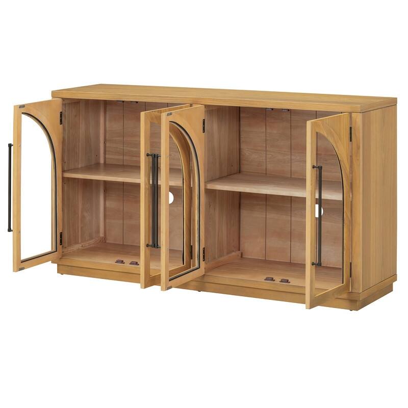 Retro Style Wood Buffet Sideboard with 4 Arched Glass Doors, Kitchen Storage Side Cabinet with Adjustable Shelves