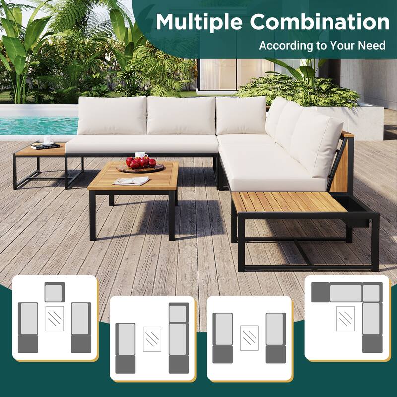 Outdoor 4-Piece Iron Sectional Sofa Set with Coffee Table & Storage Shelf