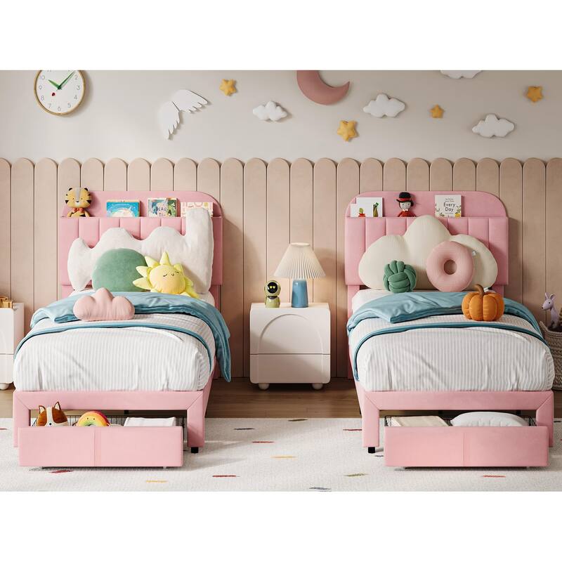 Twin Bed Frames for Kids, Velvet Upholstered Platform Bed Frames with Drawer and Bookcase Headboard, Girls Boys Bed