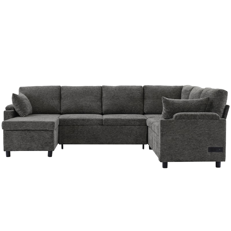 Roomfitters U-Shaped Sectional Sleeper Sofa with Storage, USB Ports and Cup Holders, Convertible Bed for Living Room