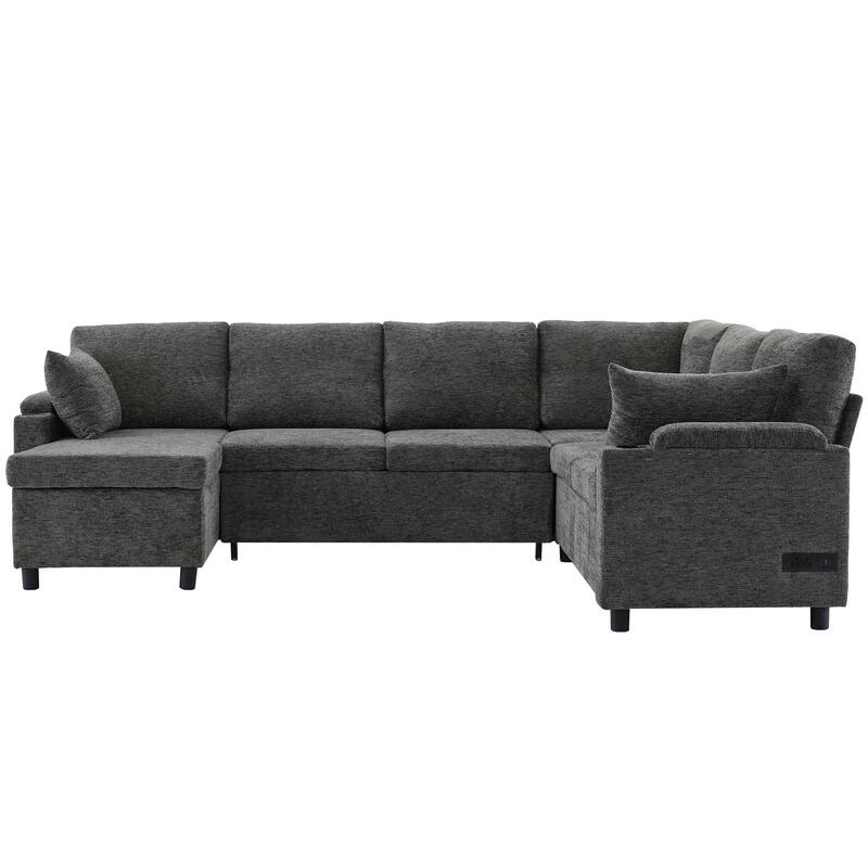 U-Shaped Chenille Sectional Sofa with Storage Chaise Lounge, Convertible Sleeper Sofa Bed with Cup Holders & Charging Ports