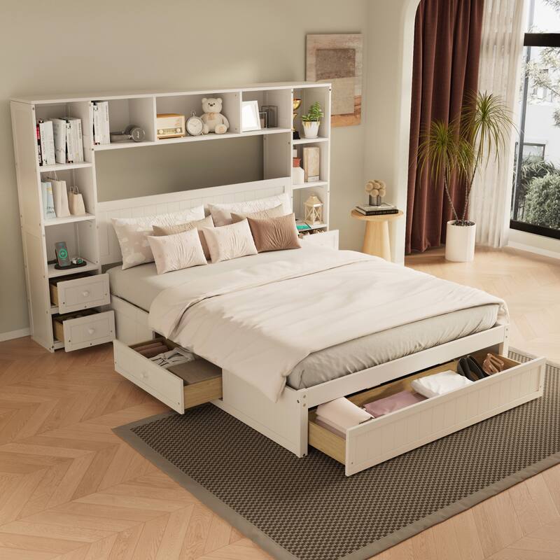 Pine Wood Platform Bed with All-In-One 2 Nightstand - Full