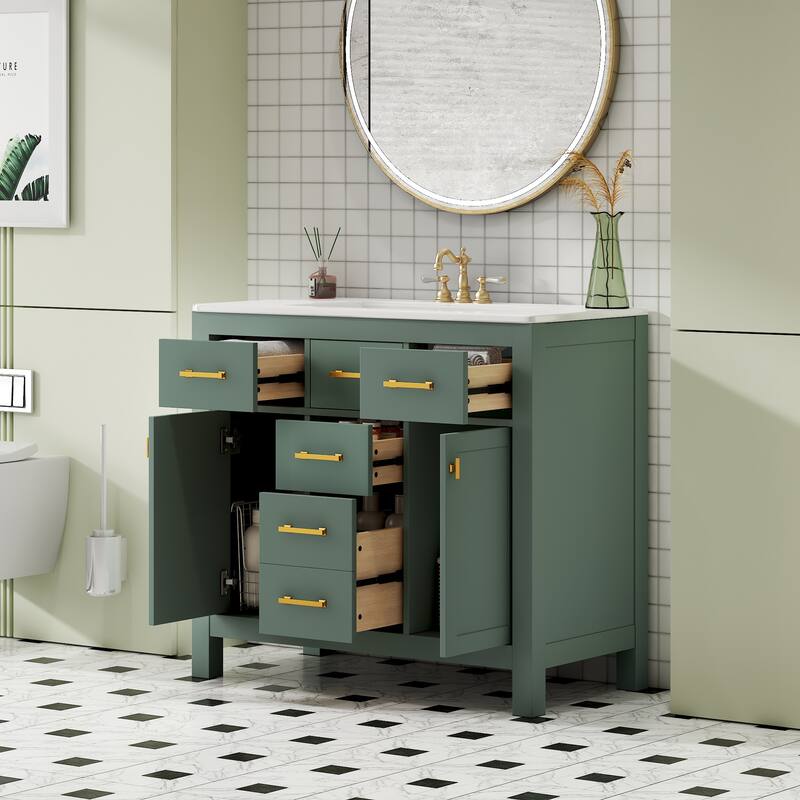 GDFStudio - Norham Modern Bathroom Vanity Set with Ceramic Sink and 4 Storage Drawers & 2 Doors - 36'W