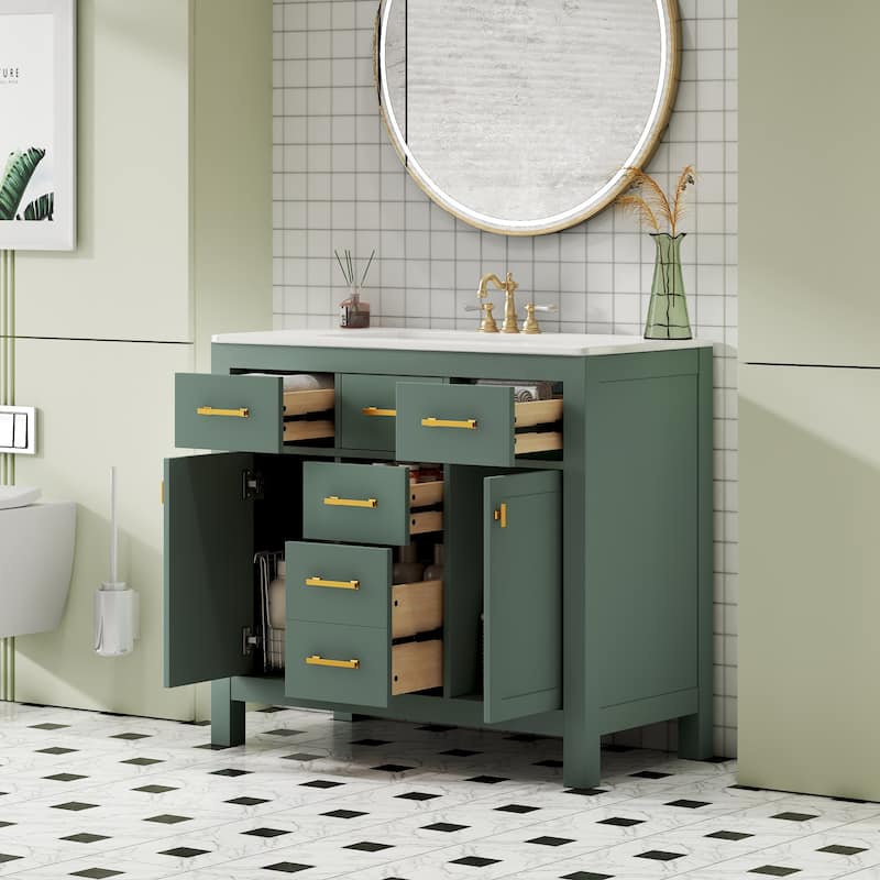 Roomfitters 36" Vanity with Ceramic Sink, Solid Wood Freestanding Cabinet with 4 Drawers and 2 Doors, Storage Unit for Bathroom