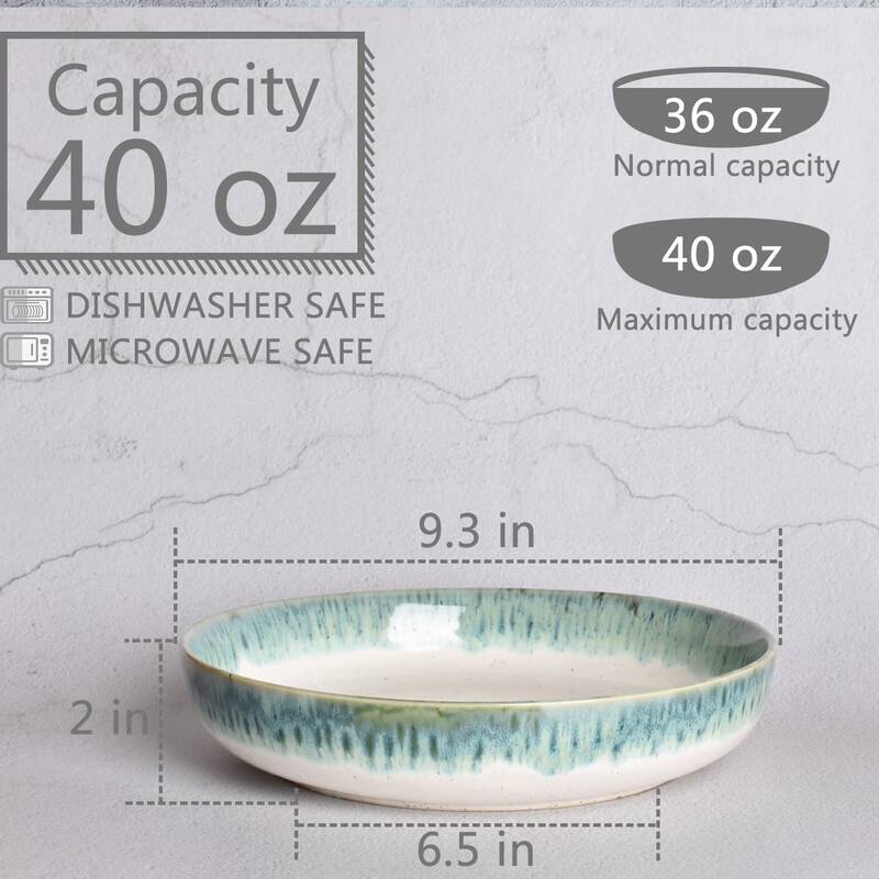 Stoneware Large Pasta Bowls, 40 Oz, Set of 4, Big Salad Bowls, Microwave and Dishwasher Safe (Light Turquoise Green, 9.3 in)