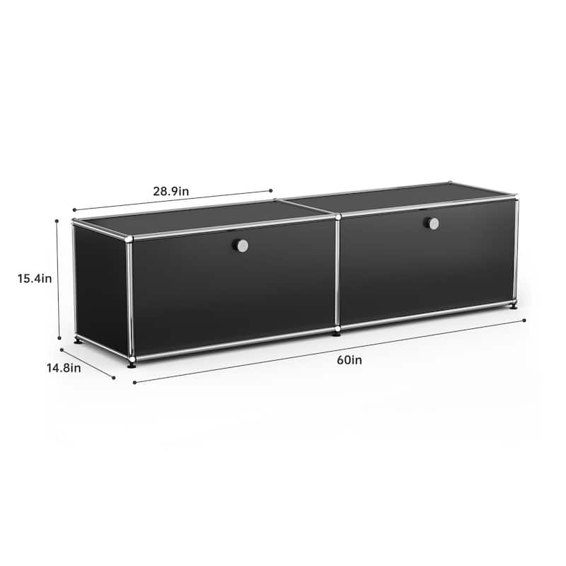 TV Stand Storage File Cabinet Organizer with Stainless Metal - Black 1 Layer 2 Door