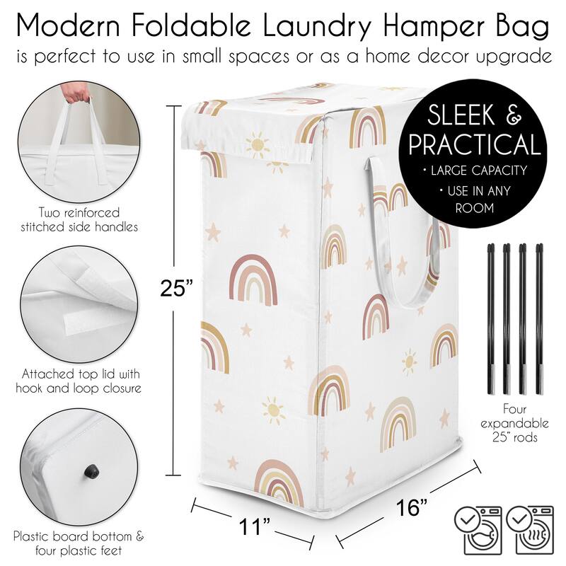 Sweet Jojo Designs Boho Rainbow Girl Foldable Laundry Hamper with Handles Blush Pink Yellow Bohemian Modern Neutral Vintage Star