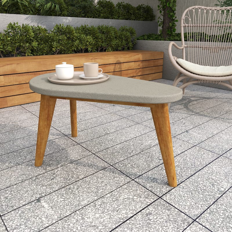 Gray Concrete Inspired Oval End Table Outdoor Accent Table with Brown Tapered Wood Legs