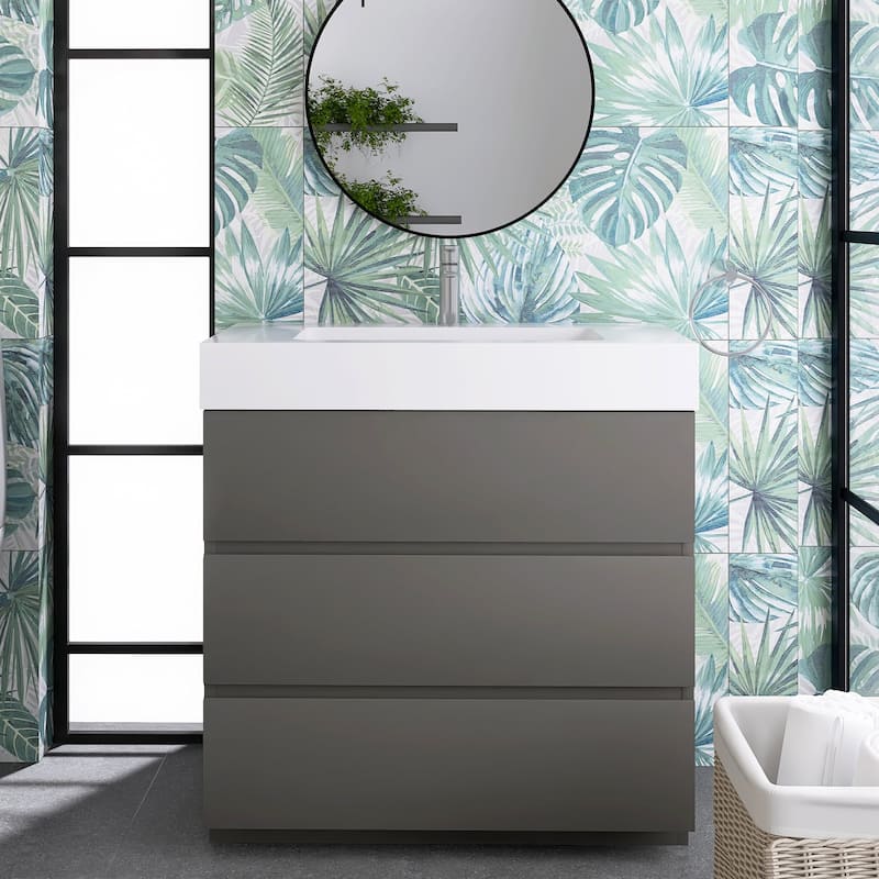Wood Freestanding Bathroom Vanity Set with White Integrated Resin Sink - 36" x 18" - Painted - Grey