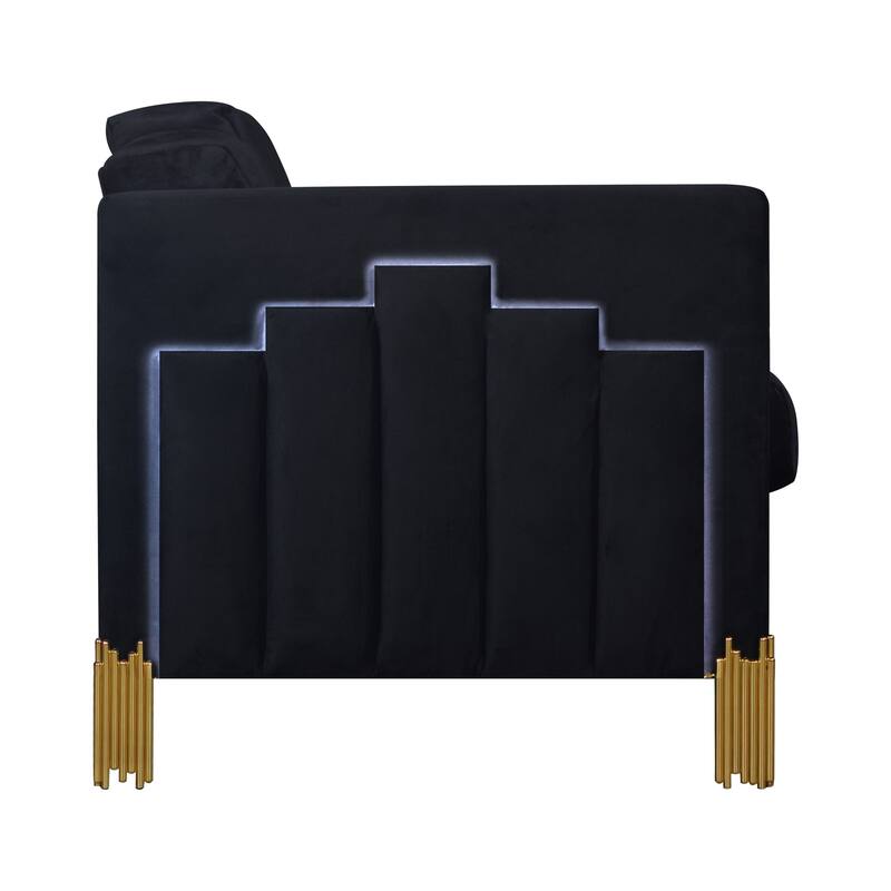 Theo Accent Chair, Black Velvet, Blue LED Lights, Gold Metal Legs