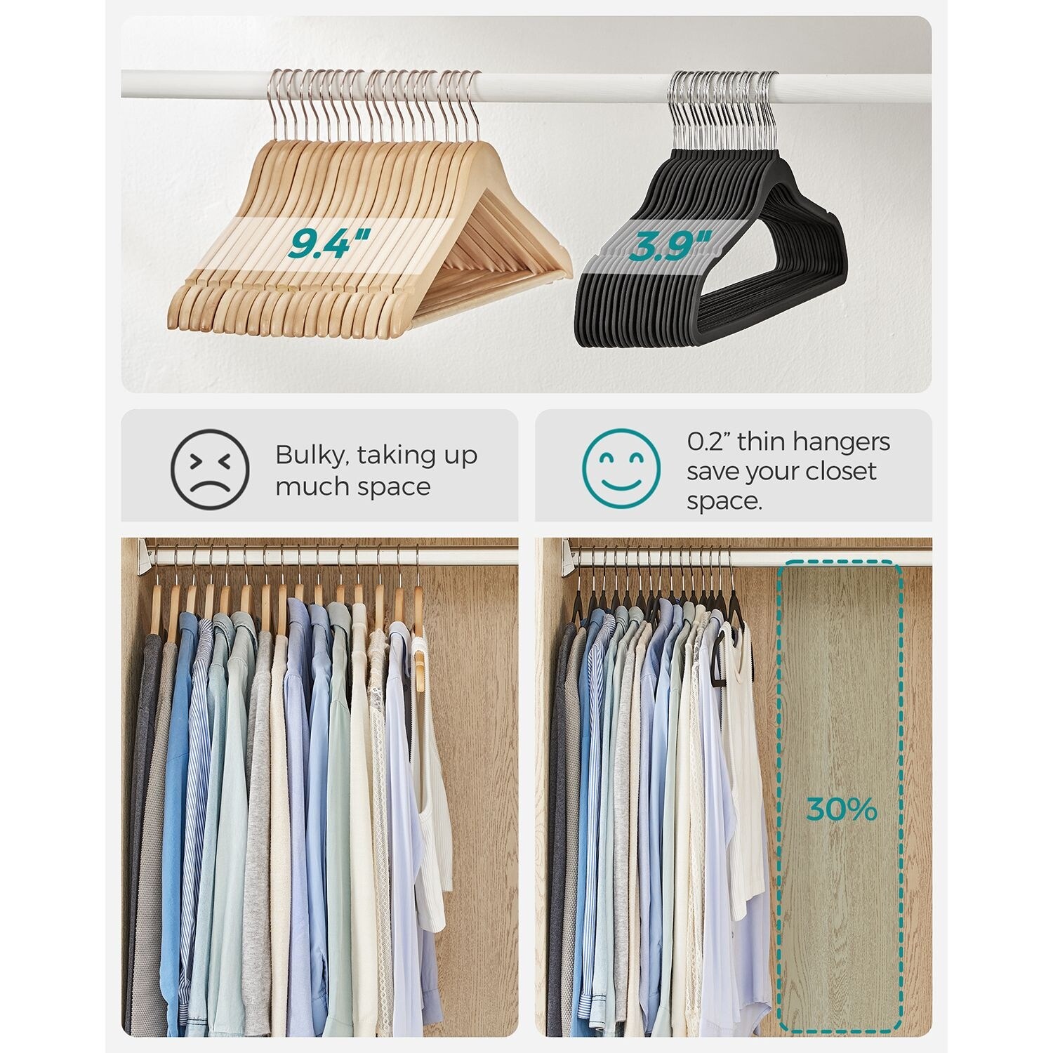 50 Pack Non-Slip Rubber-Coated Plastic Hangers, Space-Saving Slim Clothes Hangers, 360 Degree Swivel Hooks - 17.5” x 0.2 x 9” - Black