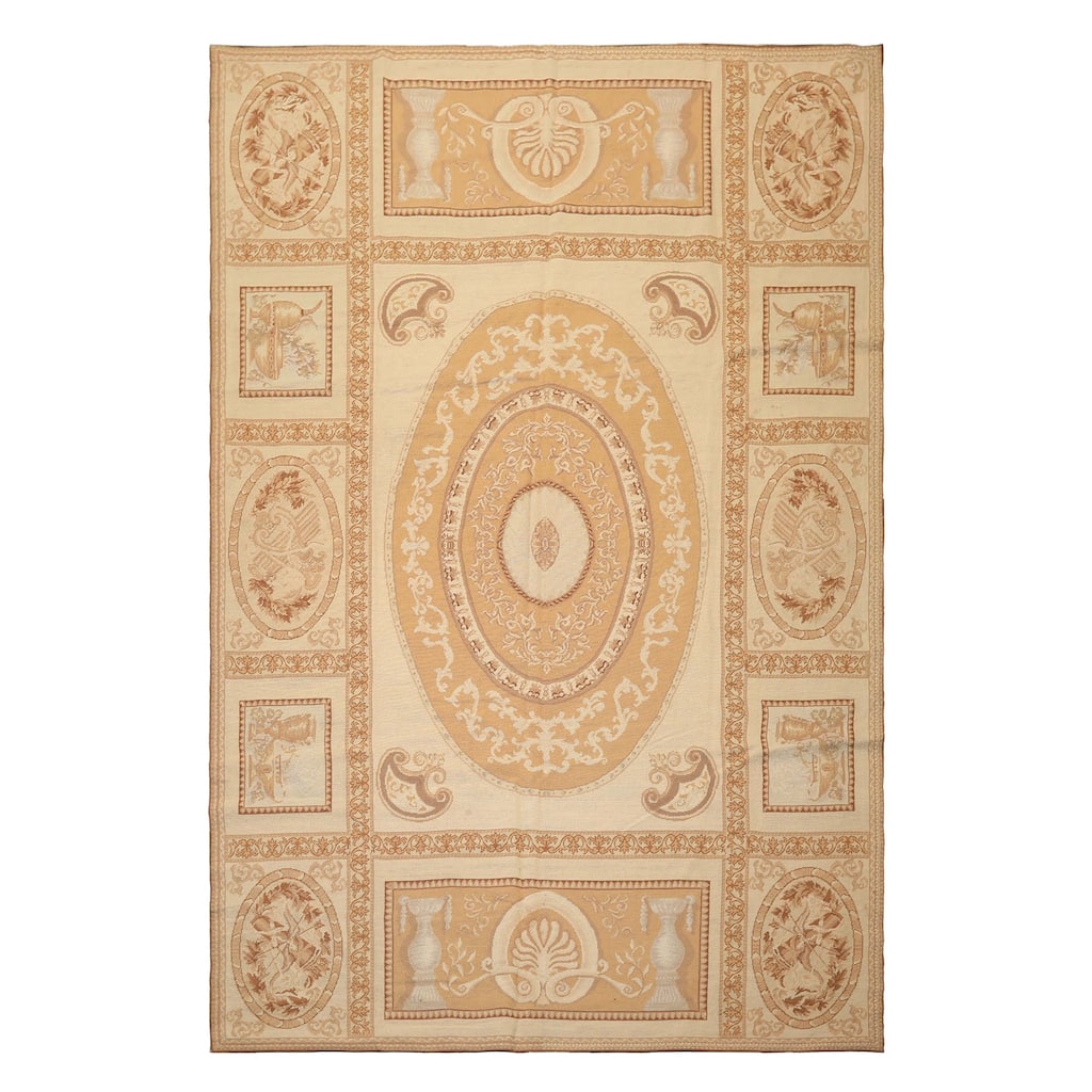 6'1''x9'1'' Hand Woven Flatweave Wool Beige Needlepoint Medallion Asmara Rug - 6' 1'' x 9' 1''