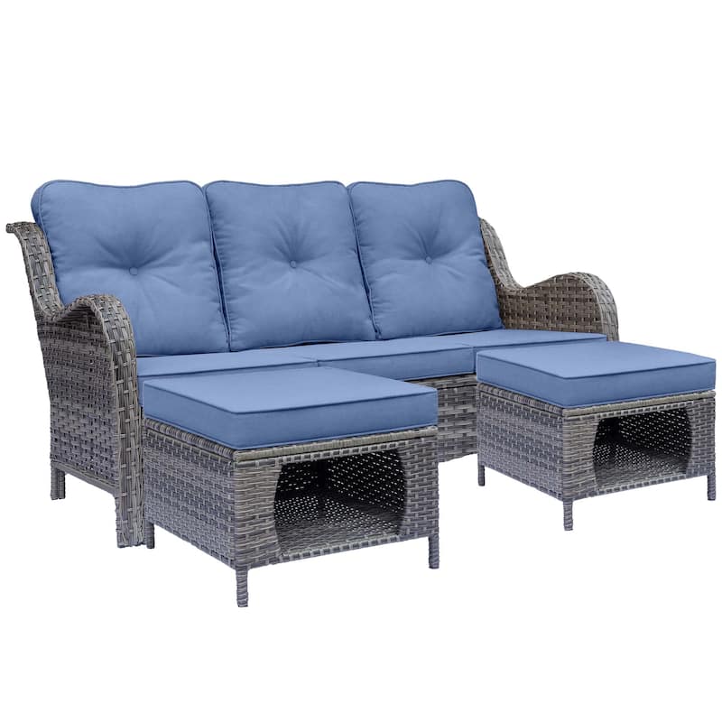 High Back 3-Seat Patio Wicker Couch Curved Outdoor Sofa with Cushions