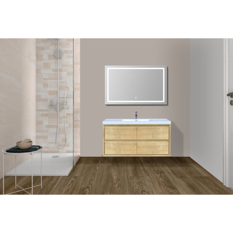 Sage 60" wall mounted bathroom vanity with single basin acrylic top - 60 - light oak