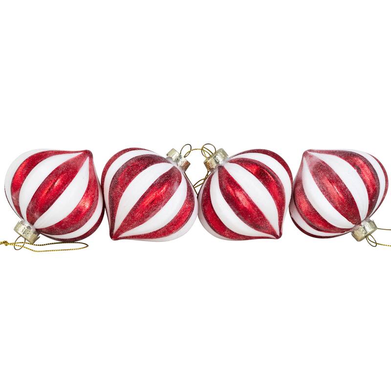 4Ct Red White Glittered Candy Cane Onion Glass Christmas Ornaments 3"