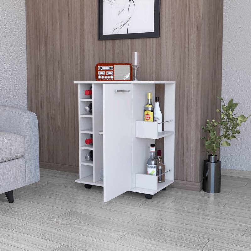 Woodland Bar Cart with Casters, Wine Rack and Open Shelf - White
