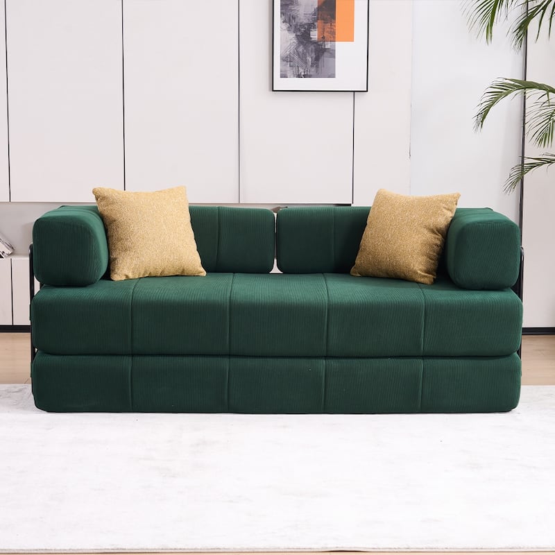 78.5" Folding Sofa Bed with 2 Pillows, Convertible Foam Futon Couch, Corduroy Fold-Out Couch for Living Room, Office - Green