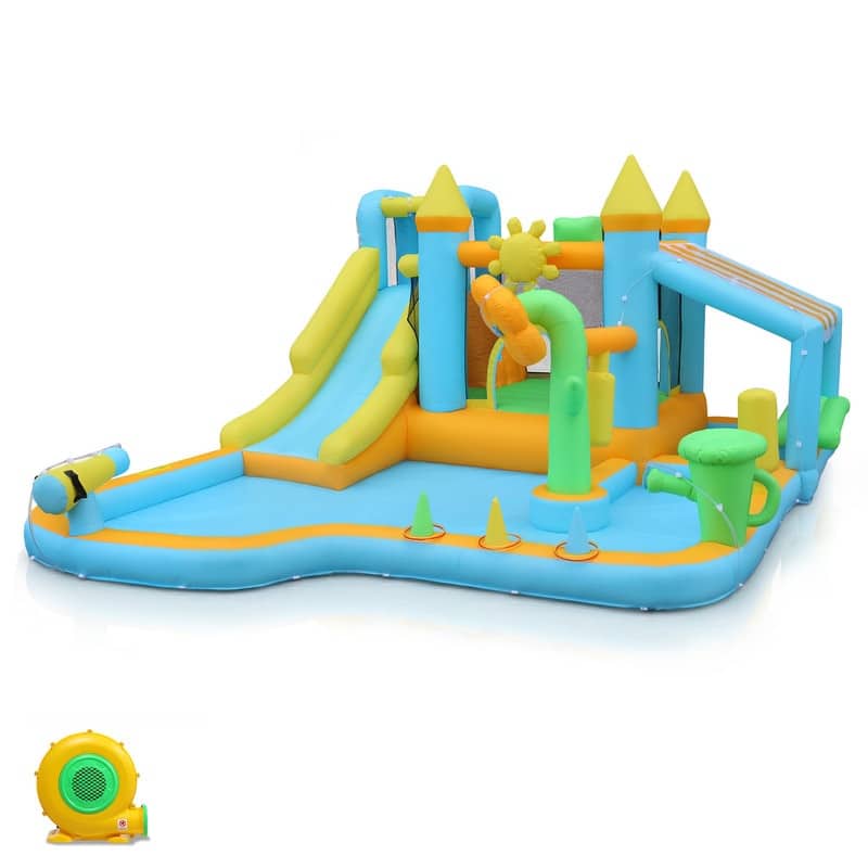 Oxford Cloth Inflatable Castle In Blue Garden Theme Bounce House With Slide, Trampoline And Playhouse - N/A