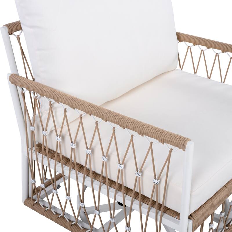 [Set of 2] 360° Swivel Bohemian Outdoor Lounge Chair with Handwoven Rope & Powder-Coated Steel Frame, Waterproof Cushions