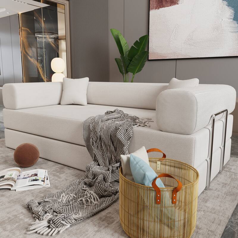 Beige Corduroy and Foam Double Sofa Bed with High - Elasticity Sponge and Soft Pillows