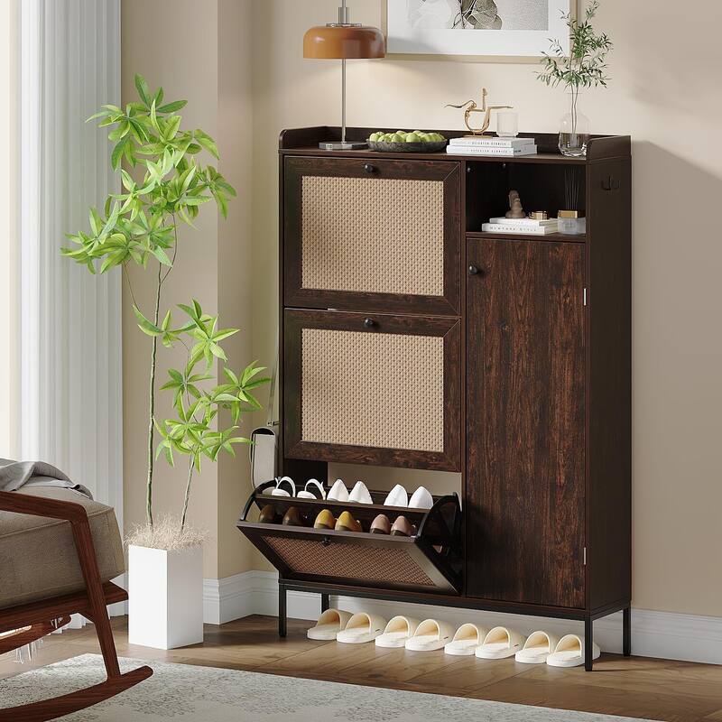Rattan Shoe Storage Cabinet with 3 Flip Drawers - 3 Flip Drawers
