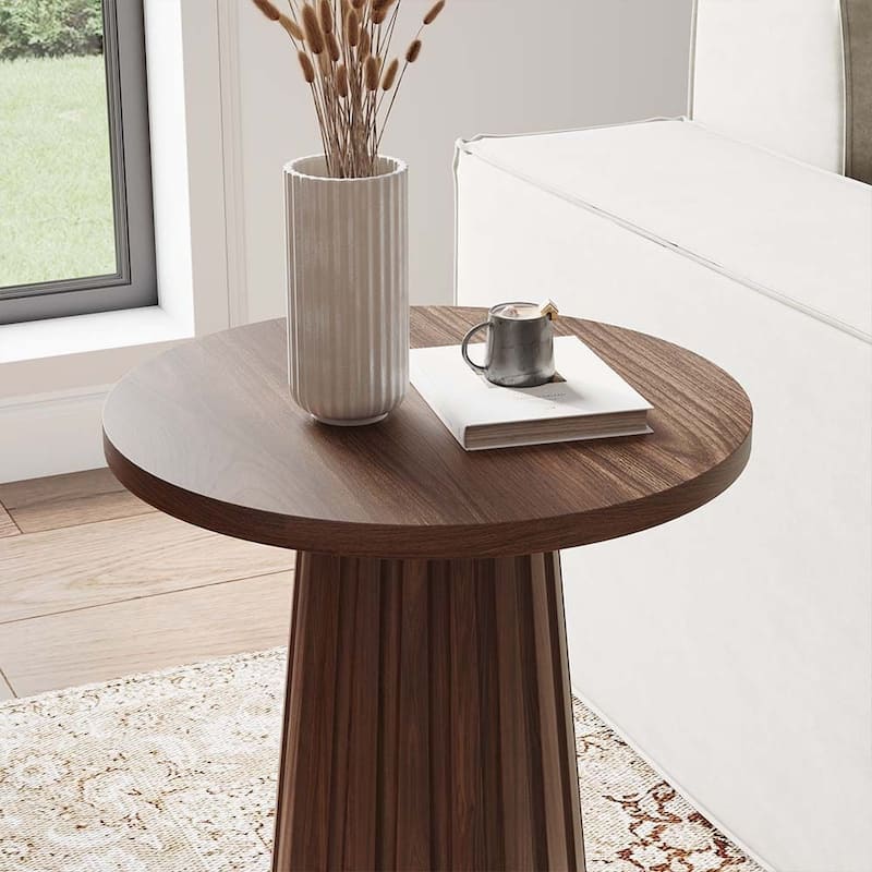 17.71" Modern Minimalist Round Side Table, MDF, Walnut Veneer