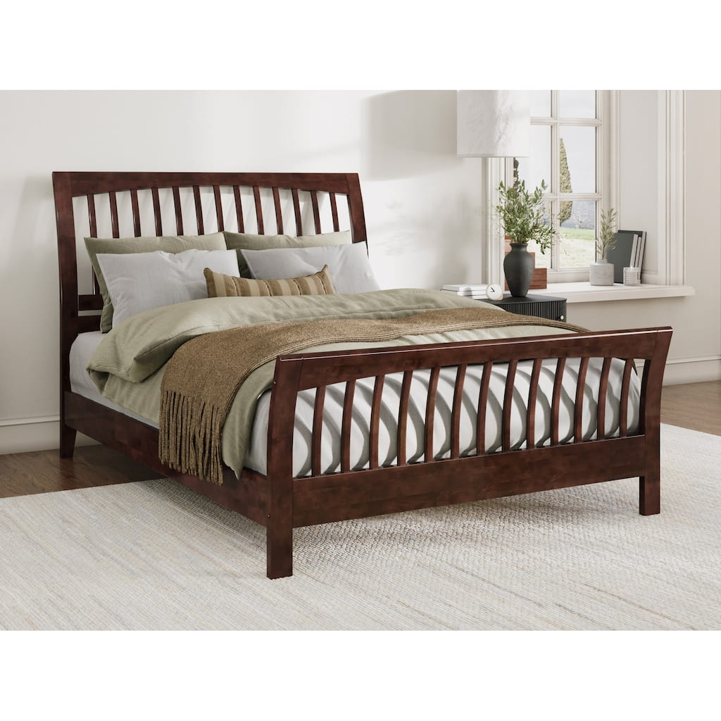 Solid Wood Low Profile Platform Bed - Queen Size, Matching Footboard, Slatted Headboard, Walnut Finish