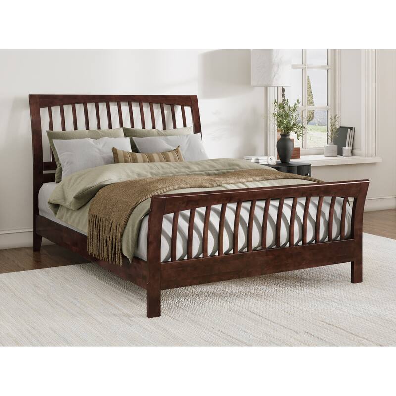 Solid Wood Low Profile Platform Bed - Queen Size, Matching Footboard, Slatted Headboard, Walnut Finish