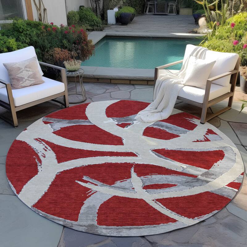Machine Washable Indoor/ Outdoor Abstract Contemporary Chantille Rug - Red - 8' x 8'