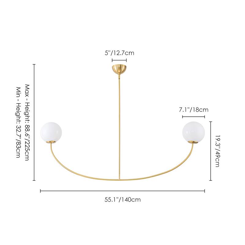 55" Modern Linear 2-Light Brass Finish Island Pendant with Milk White Glass Globe Shades for use in Dining Room