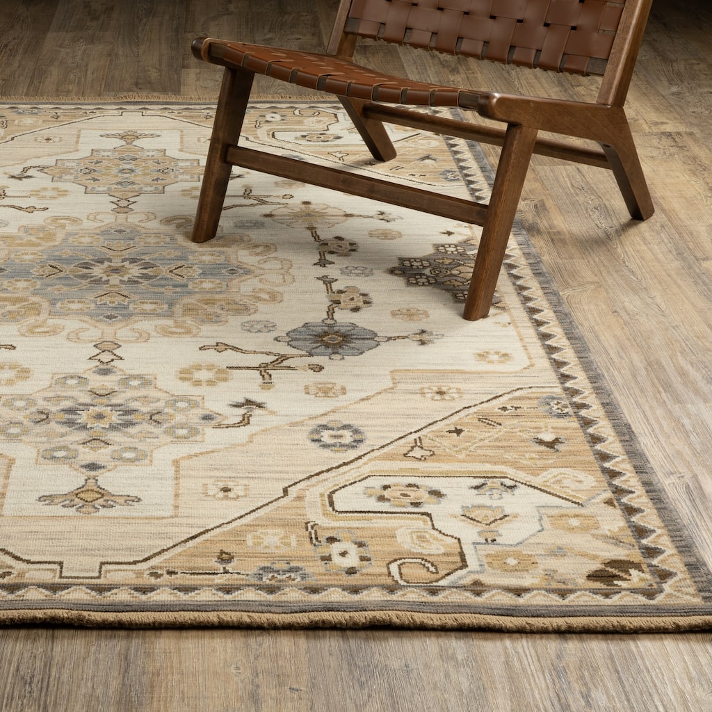 Adelaide Old World Medallions Tan/ Grey Wool Blend Area Rug-