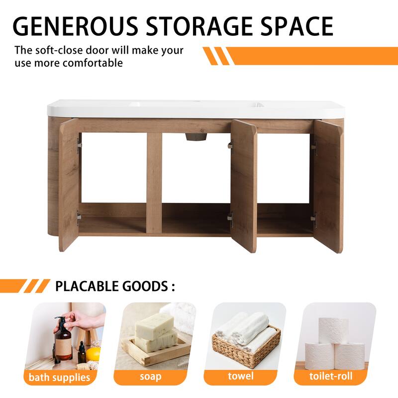 Bathroom Vanity With Resin Sink In 48/60 Inch, Floating Bathroom Vanity With Soft Close Doors