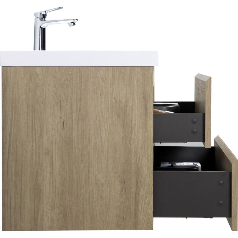 35.5-Inch Floating Bathroom Vanity with Glossy Resin Sink, Ash Grey Color, Wall-Mounted Design, 2 Drawers